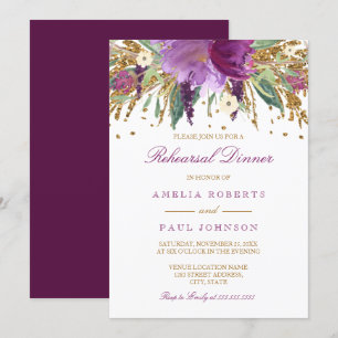 Blumiges funkelndes Amethyst Hochzeitsprobe-Dinner Einladung
