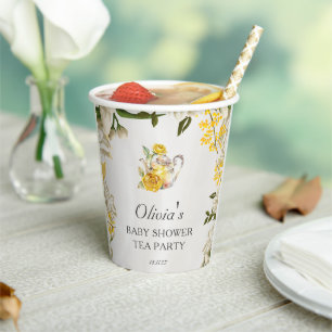 Blumiges Gelb Grün Tea Party Baby Shower Papier Pappbecher