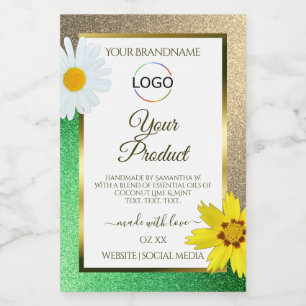 Blumiges Gold Grün Glitter Weiß Produkt Etikett Lo