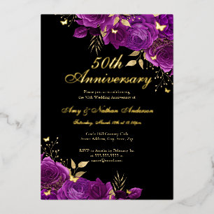 Blumiges Gold Purpur 50. Hochzeitstag Folieneinladung