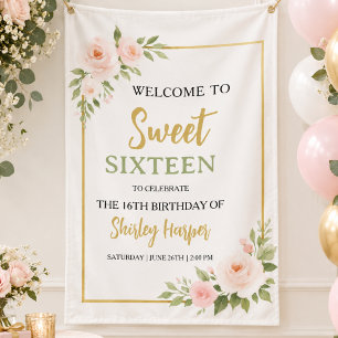 Blumiges Gold Schriftzug Süße Sechzehn Geburtstag Banner