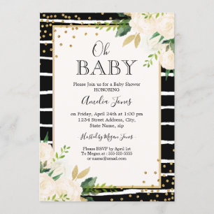 Blumiges Gold Schwarz Weiß Oh Baby Shower Einladun Einladung