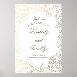 Blumiges Gold und Weiß Riesiges Hochzeits-Willkomm Poster