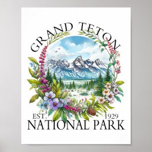 Blumiges Grand Teton Nationalpark Wandern Camping Poster