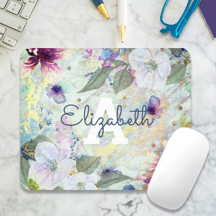 Blumiges grün-gold Wasserfarben-Monogramm Name vin Mousepad