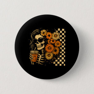Blumiges Halloween-Skelett-Coffee-Mom Retro-Herbst Button