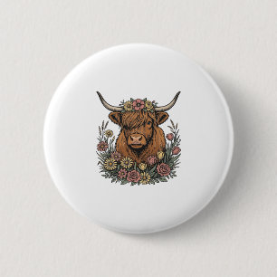 Blumiges Highland-Rind Vintage-Stichdesign_1 Button