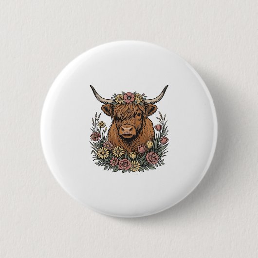 Blumiges Highland-Rind Vintage-Stichdesign_1 Button (Vorderseite)