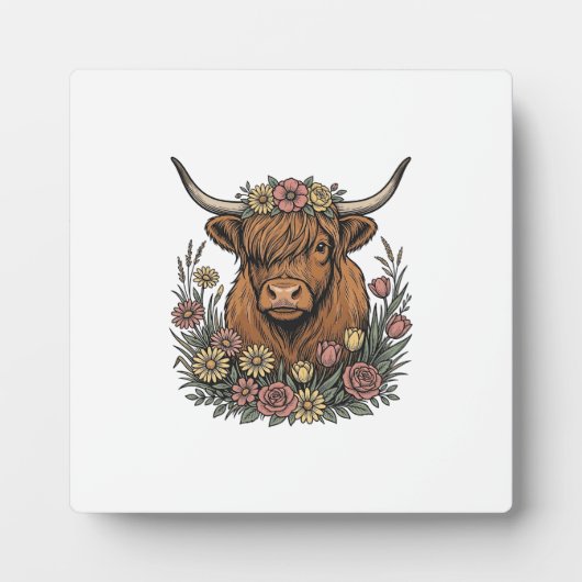 Blumiges Highland-Rind Vintage-Stichdesign_1 Fotoplatte (Vorderseite)