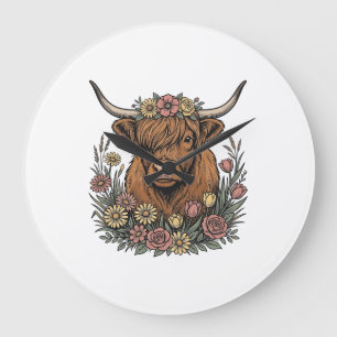 Blumiges Highland-Rind Vintage-Stichdesign_1 Große Wanduhr
