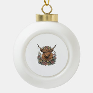 Blumiges Highland-Rind Vintage-Stichdesign_1 Keramik Kugel-Ornament