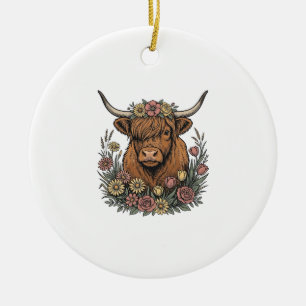 Blumiges Highland-Rind Vintage-Stichdesign_1 Keramik Ornament