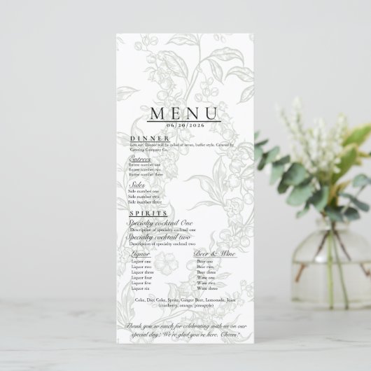 Blumiges Hochzeitsmenü Menükarte (Stehend Vorderseite)