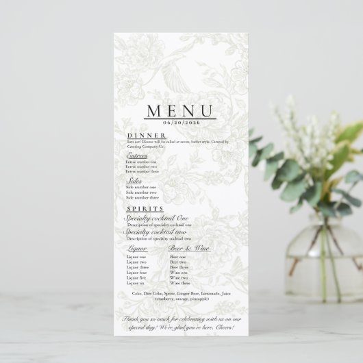 Blumiges Hochzeitsmenü Menükarte (Stehend Vorderseite)