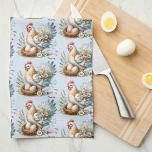Blumiges Huhn mit Eiern Vintage-Landhaus-Charme Geschirrtuch