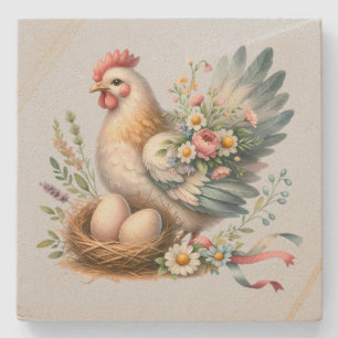 Blumiges Huhn mit Eiern Vintage-Landhaus-Charme Steinuntersetzer