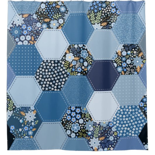 Blumiges, Jeans-Patchwork: blaues Muster. Duschvorhang (Vorderseite)
