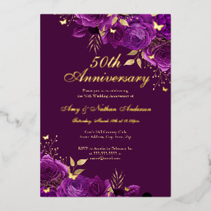 Blumiges Lila Gold 50. Hochzeitstag Folieneinladung