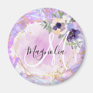 Blumiges lila, rosa und goldenes Regenbogen-Marmor Magnet