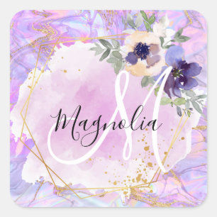 Blumiges lila, rosa und goldenes Regenbogen-Marmor Quadratischer Aufkleber
