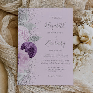 Blumiges Lila Silber Glitter Flieder Hochzeit Einladung