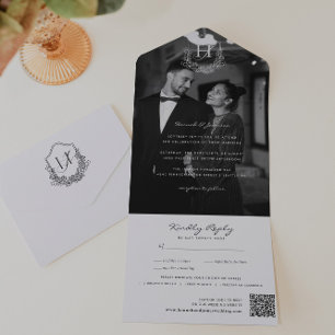Blumiges Monogramm Hochzeitsfoto QR-Code All In One Einladung