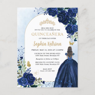 Blumiges Navy Blau Gold Kleid Geburtstag Quinceane Einladungspostkarte