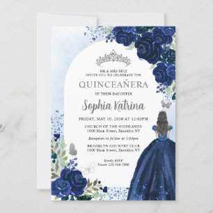Blumiges Navy Blau Silbernes Kleid Geburtstag Quin Einladung
