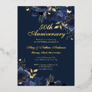 Blumiges Navy Gold 50. Hochzeitstag Folieneinladung