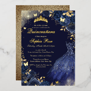 Blumiges Navy Gold Schmetterling Kleid Quinceanera Folieneinladung