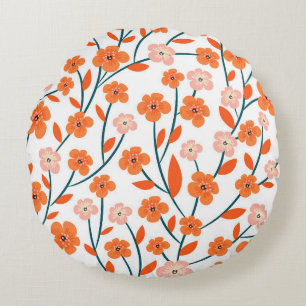 Blumiges Orange Pastell Weiß Nahtlos Rundes Kissen
