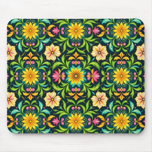 Blumiges Ornamentmuster in lebendigen Farben Mousepad (Vorne)