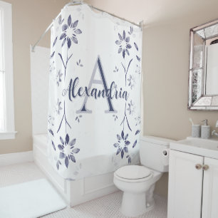 Blumiges personalisiertes Monogramm Name in Blau Duschvorhang