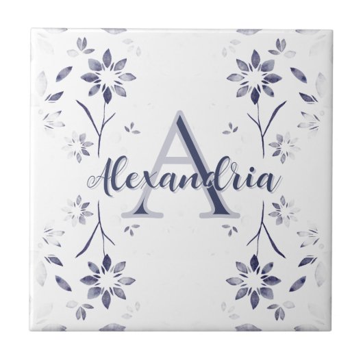 Blumiges personalisiertes Monogramm Name in Blau Fliese (Vorderseite)