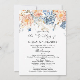 Blumiges Pfirsich-Rosa-Blaues Hochzeitsprogramm Einladung