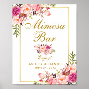 Blumiges Rosa Gold Mimosa-Bar-Hochzeit Poster
