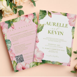 Blumiges Rosa Grün Sommer Wasserfarbe QRcode Hochz Einladung