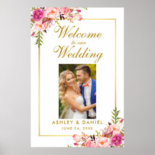 Blumiges Rosa Hauch Gold Hochzeit Willkommensfoto Poster