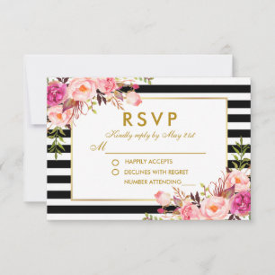 Blumiges Rosa Hauch Gold Schwarz Streifen RSVP Hoc Karte
