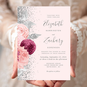 Blumiges Rosa-Silber-Glitter-Burgunder-Hochzeit Einladung