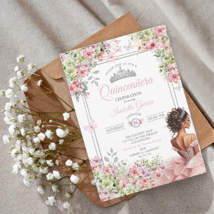 Blumiges Rosa und Grün Schmetterling Quinceañera Einladung