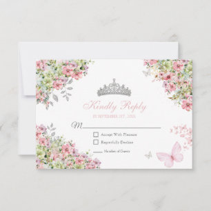 Blumiges Rosa und Grünes Schmetterlings-Quinceañer RSVP Karte