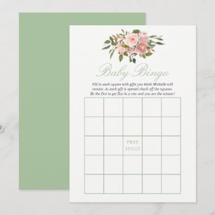 Blumiges Rosa und Salbei Baby Shower Baby Bingo Einladung