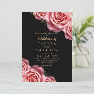 Blumiges Rosa und schwarze moderne Hochzeit Einladung