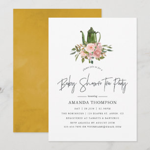 Blumiges Rosé und Gold Baby Shower Tee Party Einladung