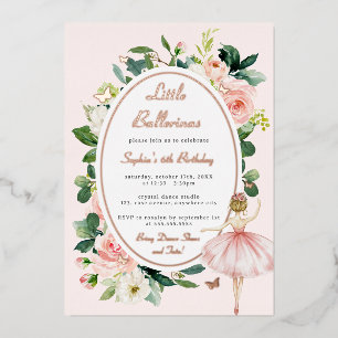 Blumiges Roségold-Ballerina-Kindergeburtstag Folieneinladung