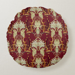 Blumiges Rot-Gold, luxuriöses Vintage-Muster. Rundes Kissen