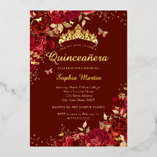 Blumiges rotes Schmetterlings-Elegantes Quinceaner Folieneinladung