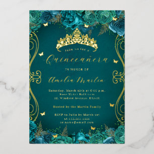 Blumiges Teal Gold Scroll Quinceanera Folieneinladung