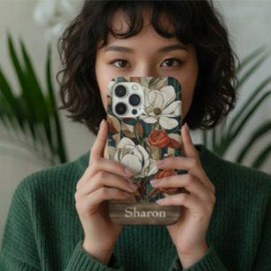 Blumiges Telefon-Case mit Buntglas-Optik und perso iPhone 16 Hülle